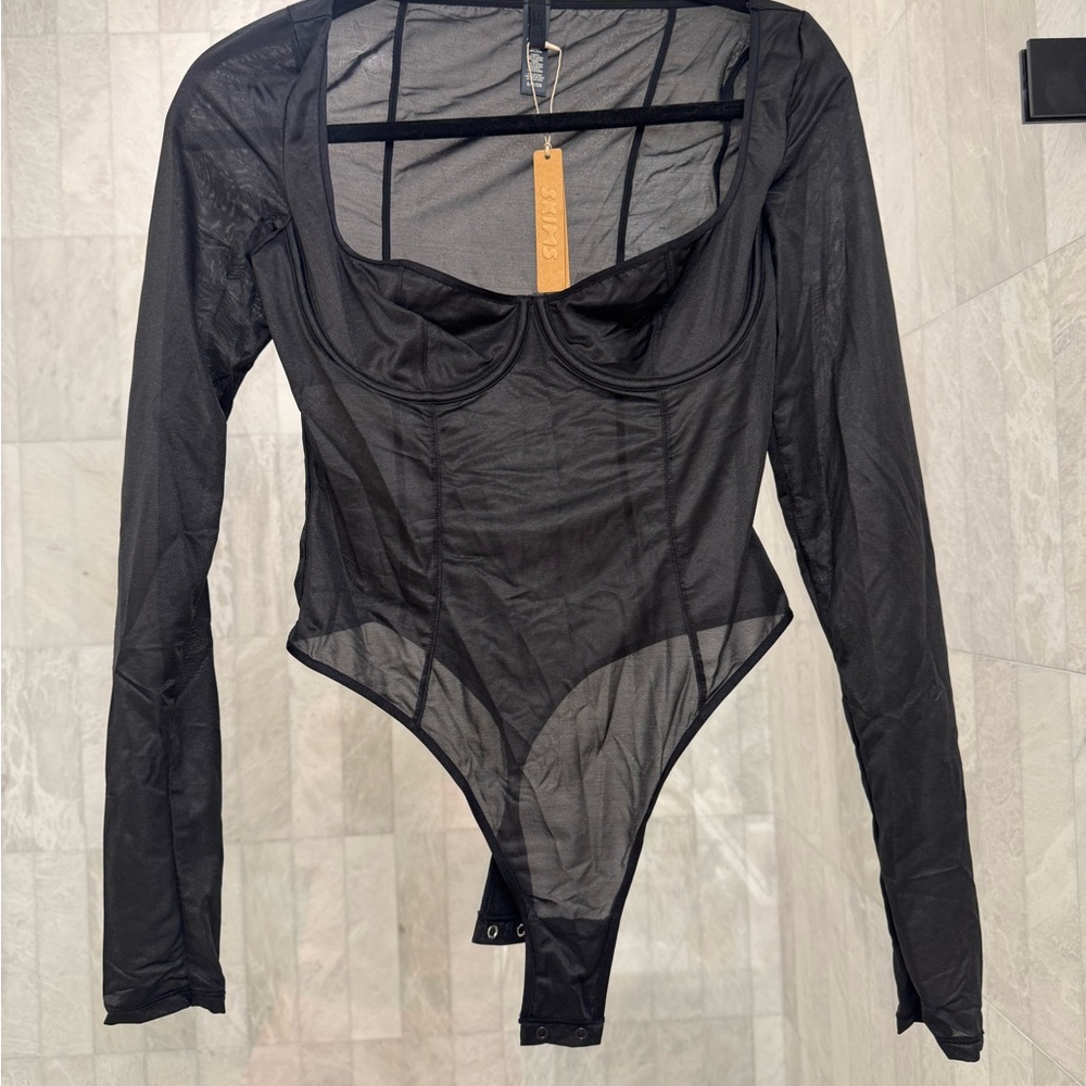 SKIMS Black Mesh Long Sleeve Bodysuit